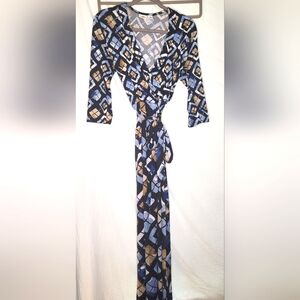 Cato Faux Wrap Maxi Dress Medium Blue Tan Geometric Pattern Belt 💙